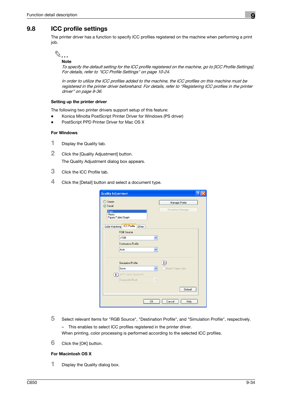 8 icc profile settings, Setting up the printer driver, For windows | For macintosh os x | Konica Minolta bizhub C650 User Manual | Page 239 / 303