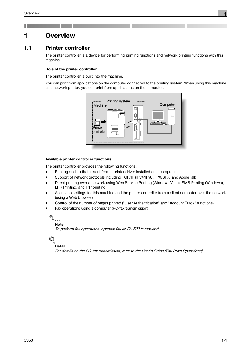 1 overview, 1 printer controller, Role of the printer controller | Available printer controller functions, Overview, 1overview | Konica Minolta bizhub C650 User Manual | Page 24 / 303