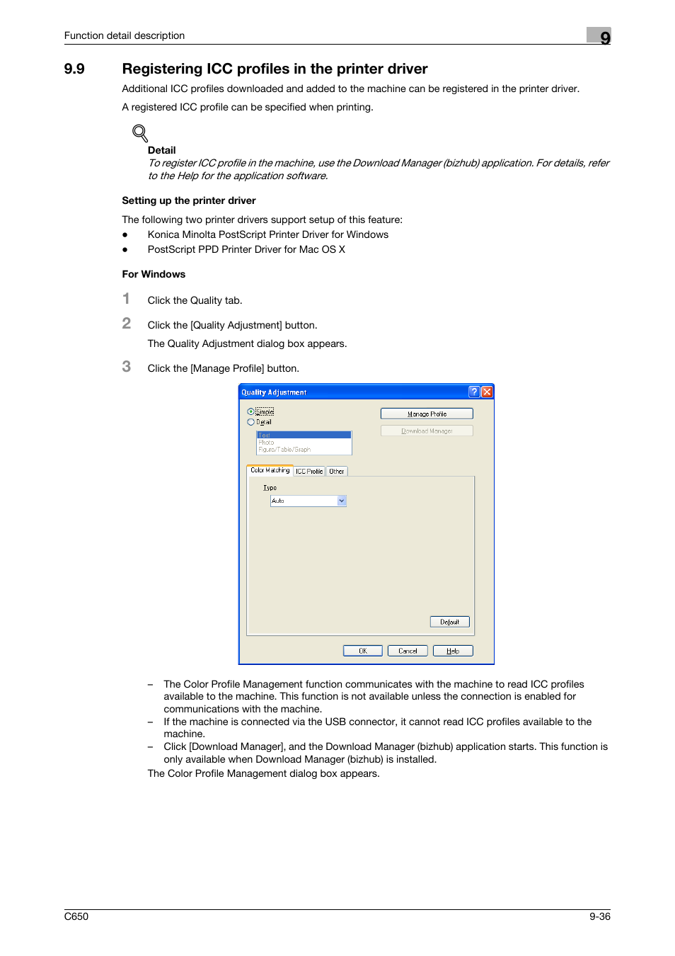 9 registering icc profiles in the printer driver, Setting up the printer driver, For windows | Konica Minolta bizhub C650 User Manual | Page 241 / 303