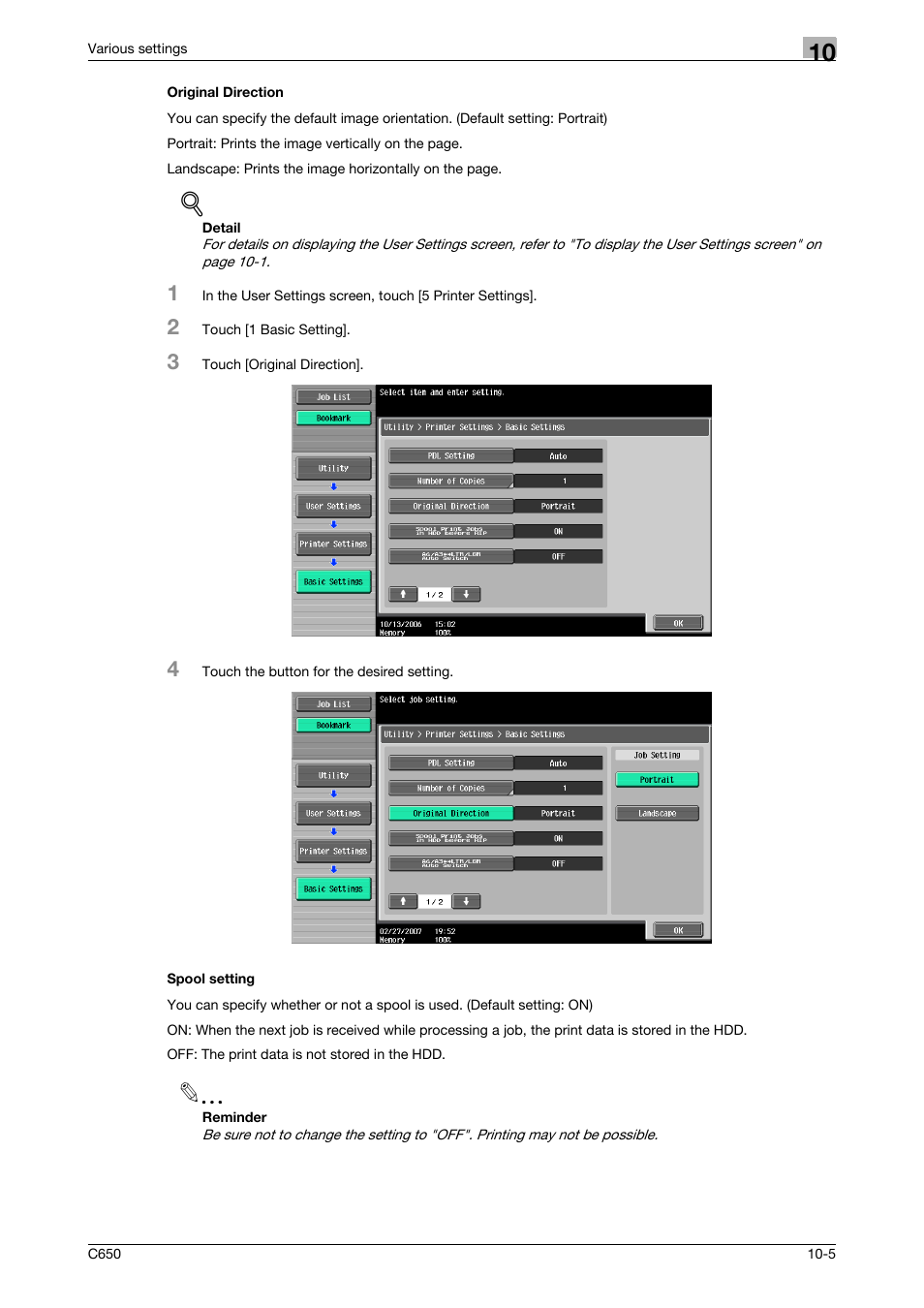 Original direction, Spool setting, Original direction -5 spool setting -5 | Konica Minolta bizhub C650 User Manual | Page 249 / 303