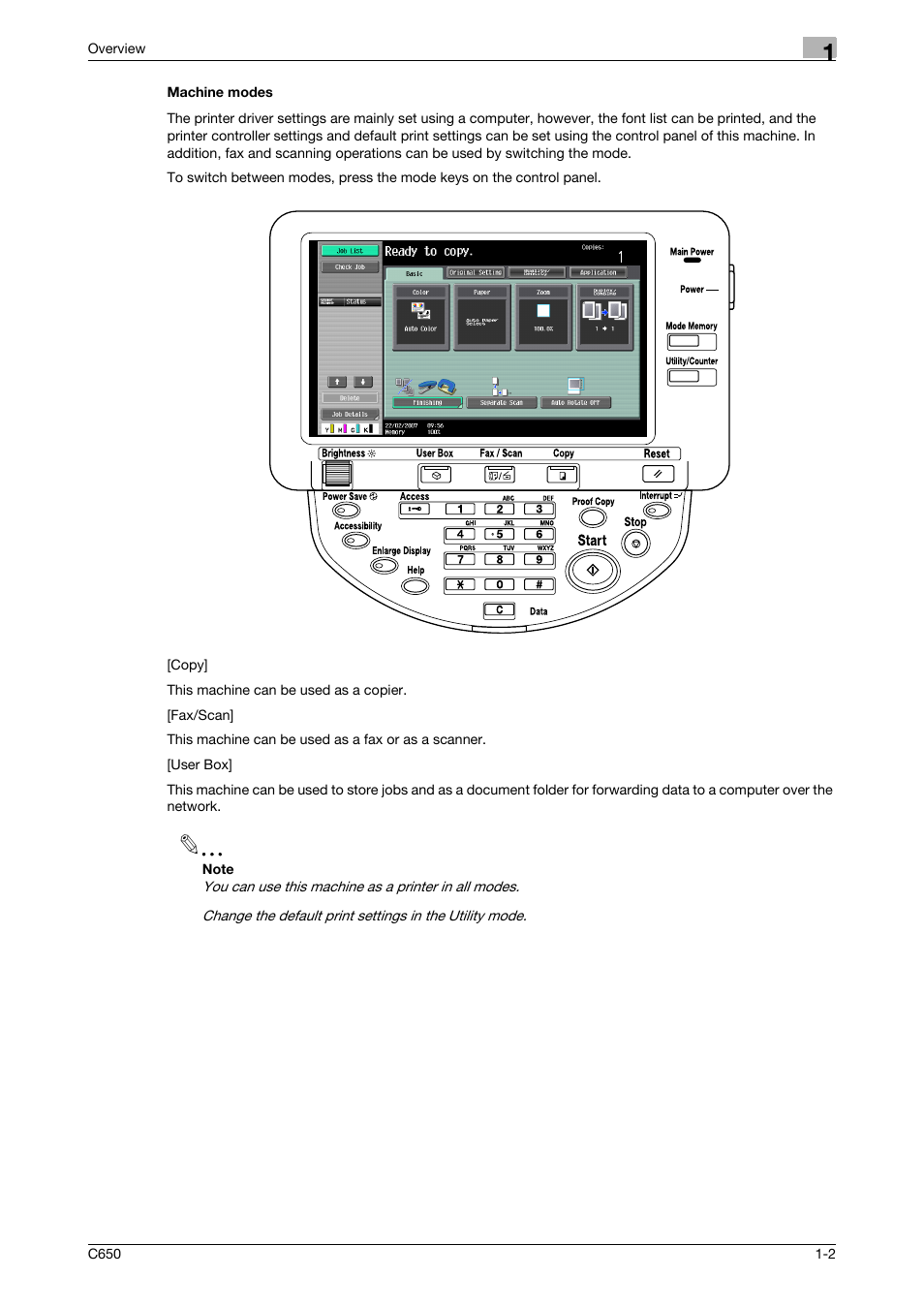 Machine modes, Machine modes -2 | Konica Minolta bizhub C650 User Manual | Page 25 / 303