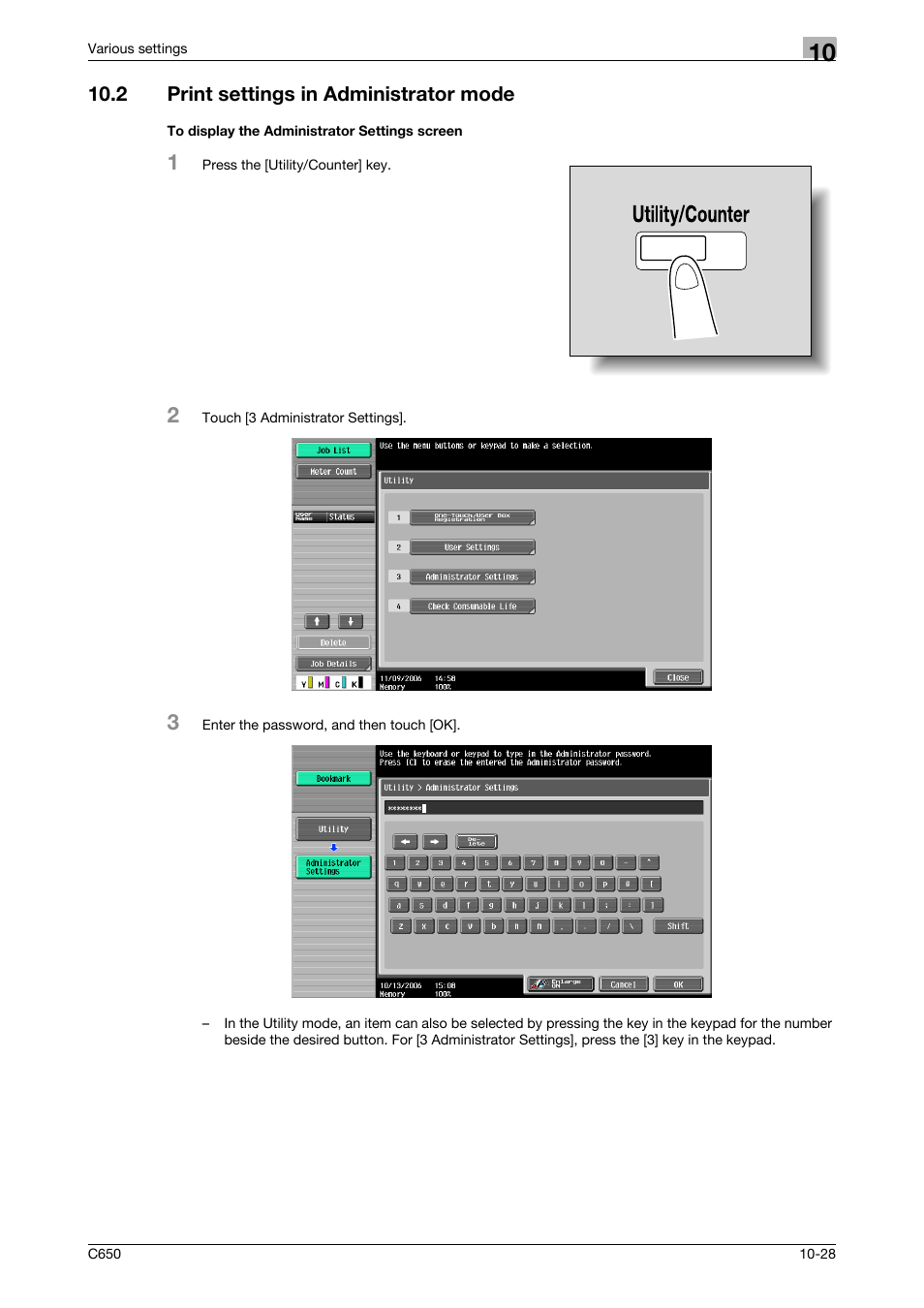 2 print settings in administrator mode, To display the administrator settings screen | Konica Minolta bizhub C650 User Manual | Page 272 / 303