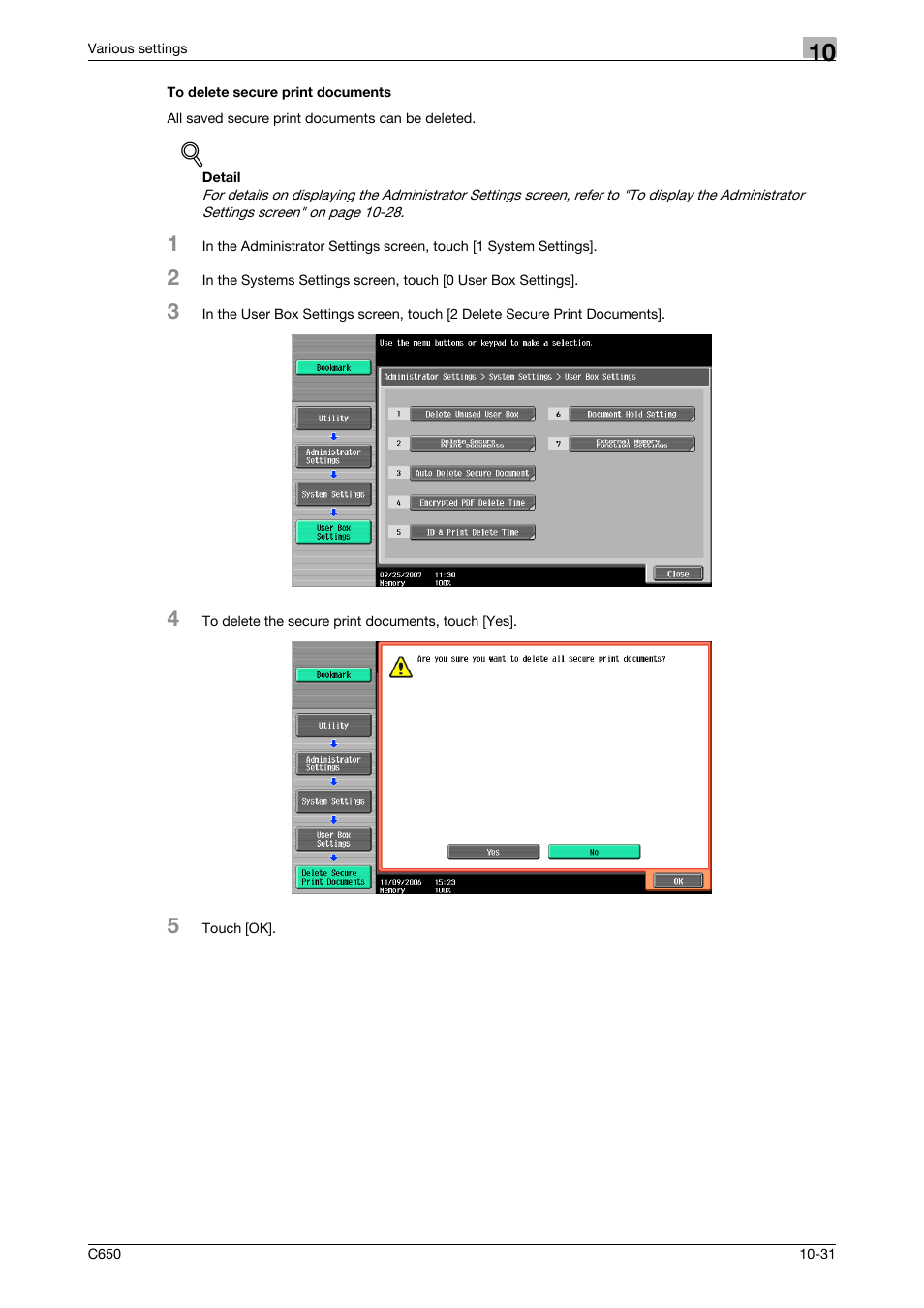 To delete secure print documents, To delete secure print documents -31 | Konica Minolta bizhub C650 User Manual | Page 275 / 303