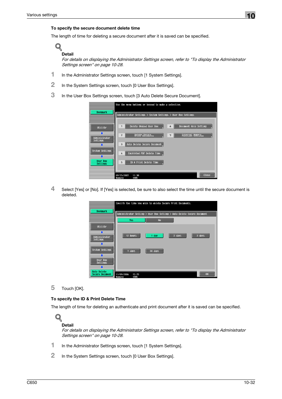 To specify the secure document delete time, To specify the id & print delete time | Konica Minolta bizhub C650 User Manual | Page 276 / 303