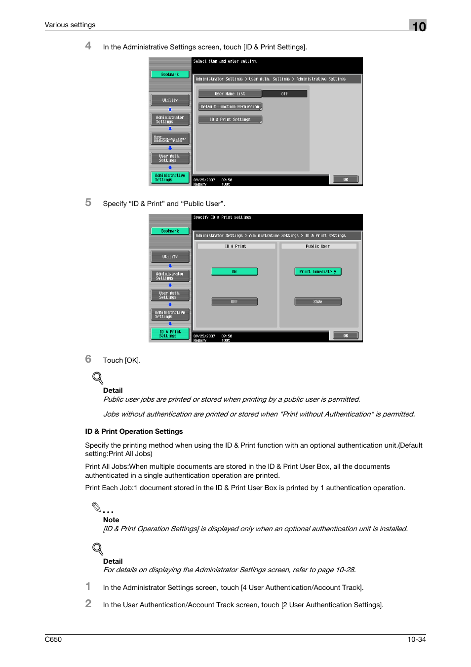 Id & print operation settings, Id & print operation settings -34 | Konica Minolta bizhub C650 User Manual | Page 278 / 303