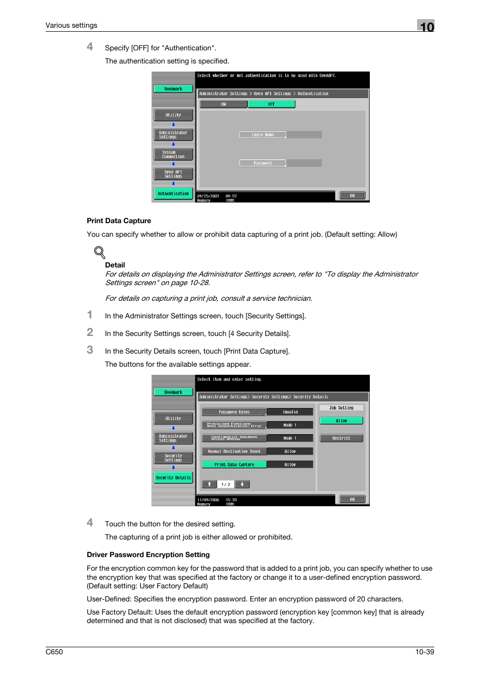 Print data capture, Driver password encryption setting | Konica Minolta bizhub C650 User Manual | Page 283 / 303