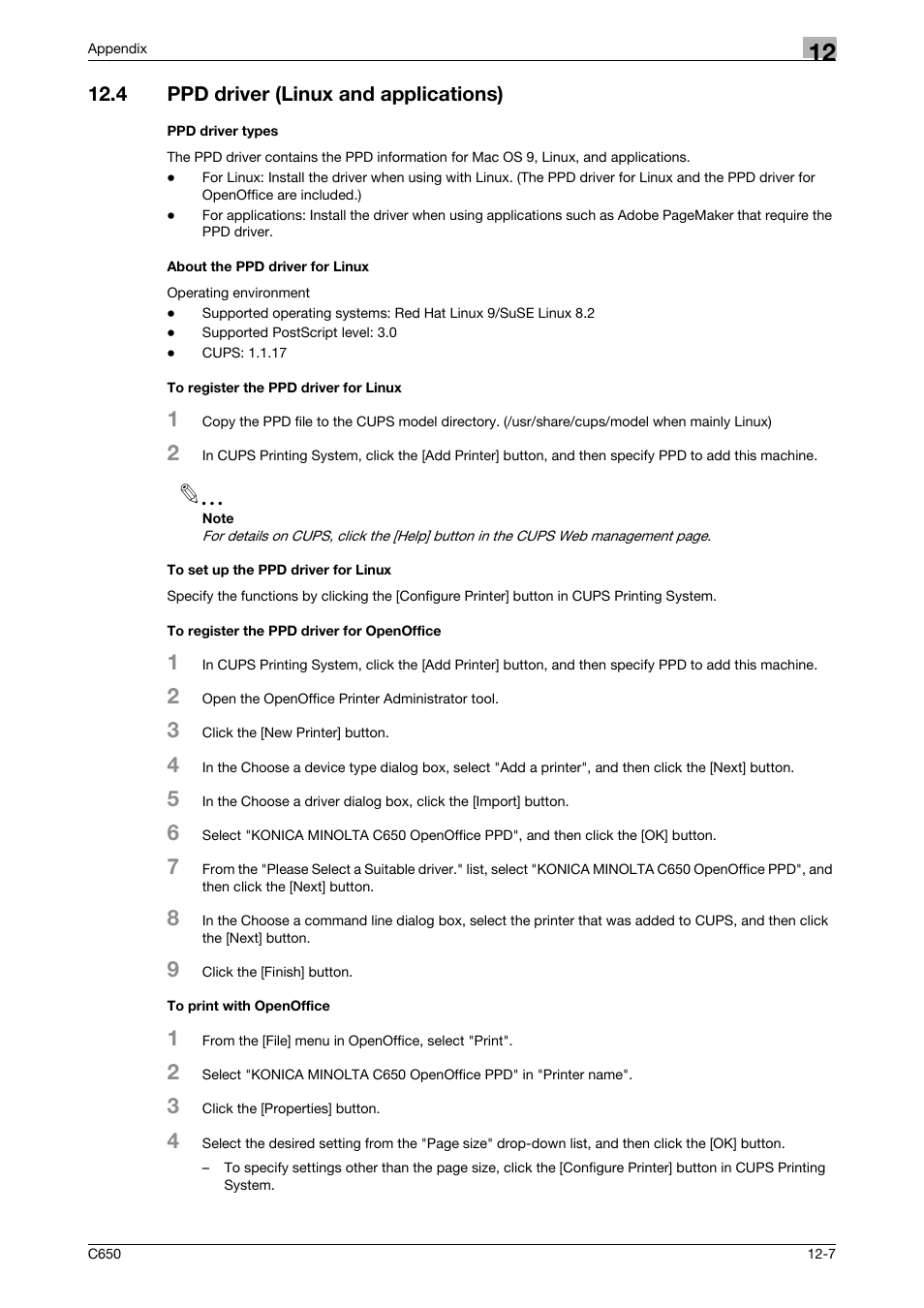 4 ppd driver (linux and applications), Ppd driver types, About the ppd driver for linux | To register the ppd driver for linux, To set up the ppd driver for linux, To register the ppd driver for openoffice, To print with openoffice | Konica Minolta bizhub C650 User Manual | Page 294 / 303