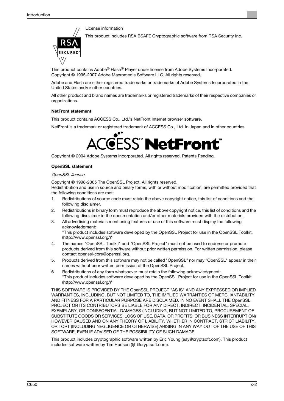 Netfront statement, Openssl statement | Konica Minolta bizhub C650 User Manual | Page 3 / 303