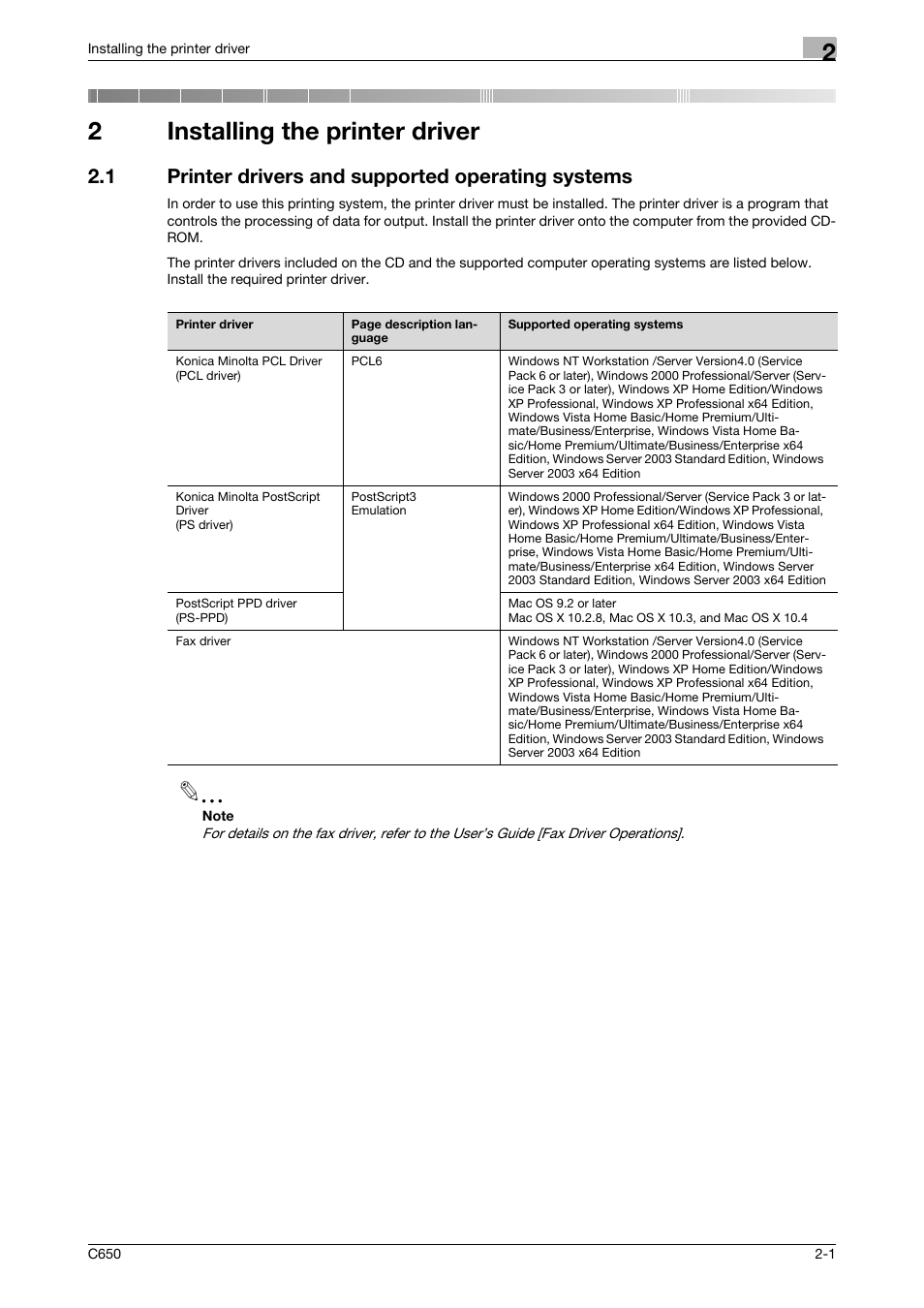 2 installing the printer driver, 1 printer drivers and supported operating systems, Installing the printer driver | Printer drivers and supported operating systems -1, 2installing the printer driver | Konica Minolta bizhub C650 User Manual | Page 30 / 303