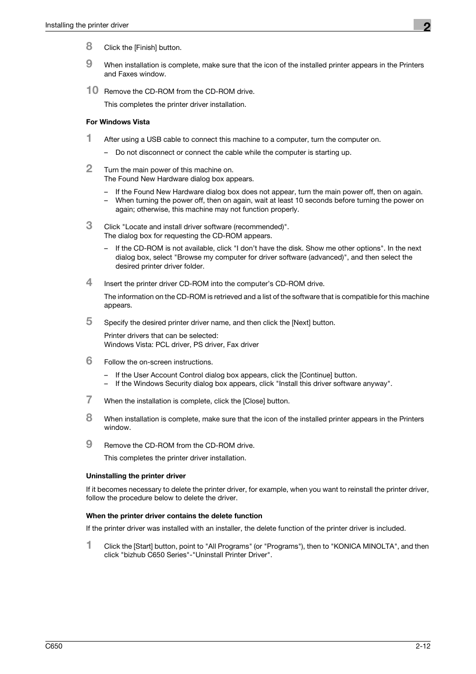 For windows vista, Uninstalling the printer driver | Konica Minolta bizhub C650 User Manual | Page 41 / 303