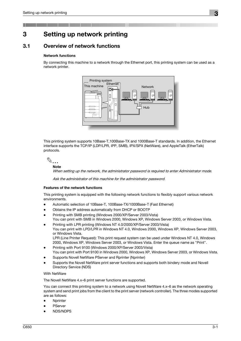 3 setting up network printing, 1 overview of network functions, Network functions | Features of the network functions, Setting up network printing, 3setting up network printing | Konica Minolta bizhub C650 User Manual | Page 48 / 303