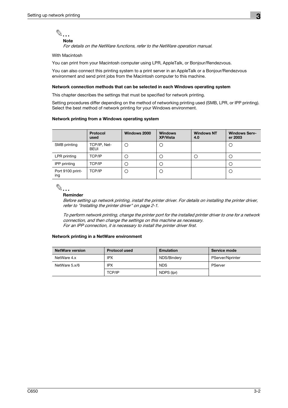 Network printing from a windows operating system, Network printing in a netware environment | Konica Minolta bizhub C650 User Manual | Page 49 / 303