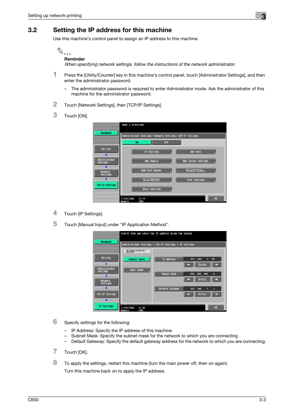 2 setting the ip address for this machine, Setting the ip address for this machine -3 | Konica Minolta bizhub C650 User Manual | Page 50 / 303