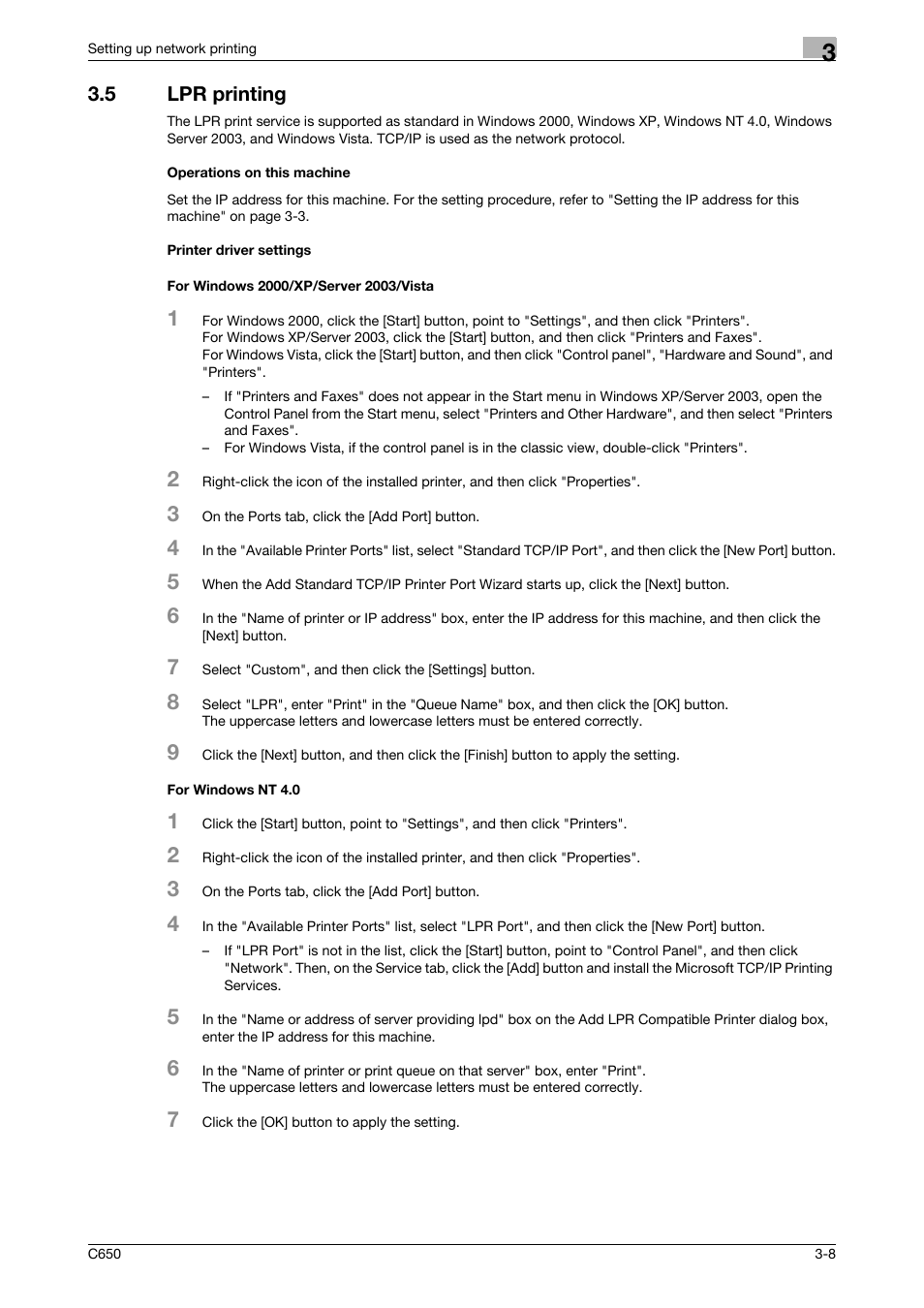 5 lpr printing, Operations on this machine, Printer driver settings | For windows 2000/xp/server 2003/vista, For windows nt 4.0 | Konica Minolta bizhub C650 User Manual | Page 55 / 303