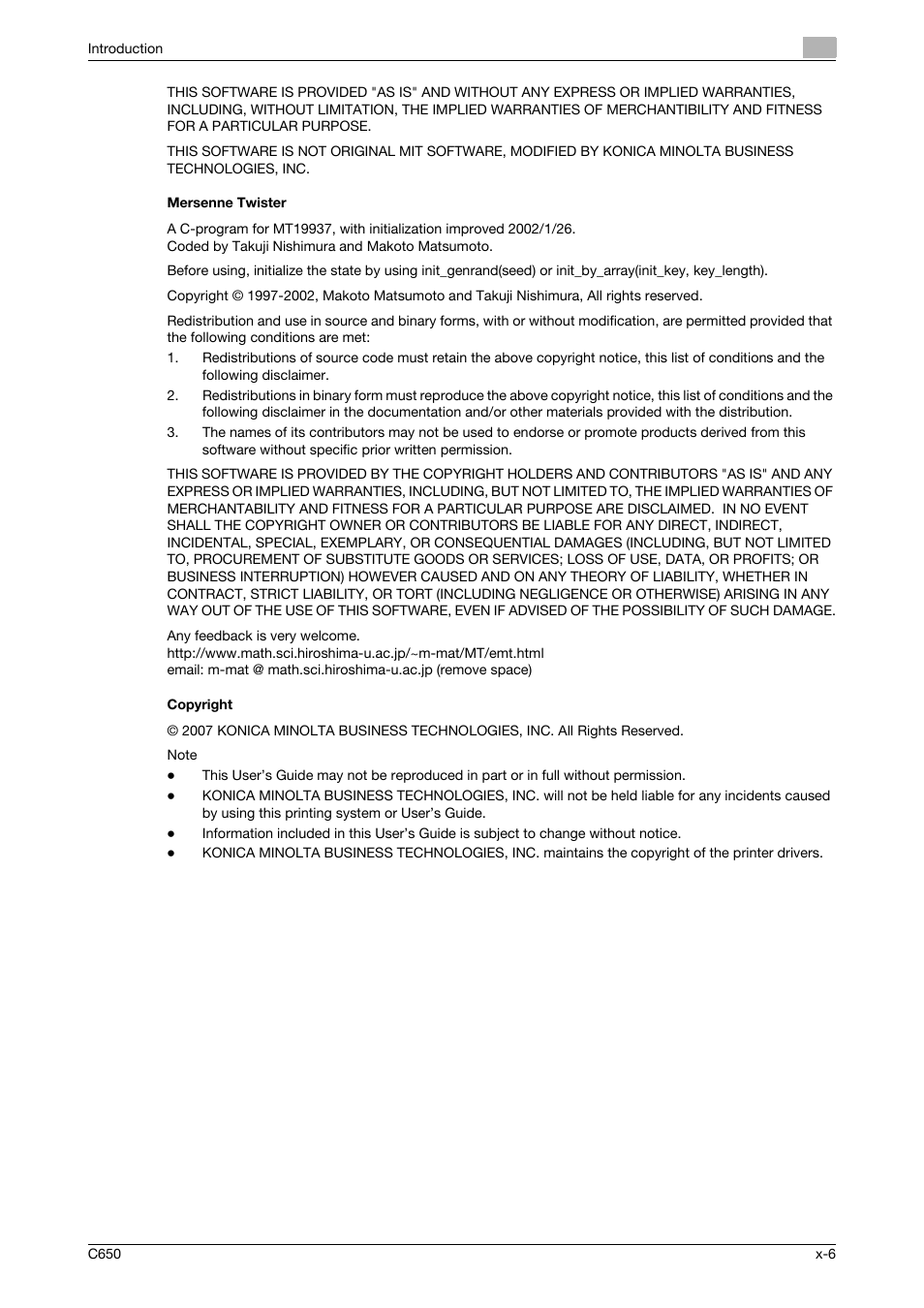 Mersenne twister, Copyright | Konica Minolta bizhub C650 User Manual | Page 7 / 303