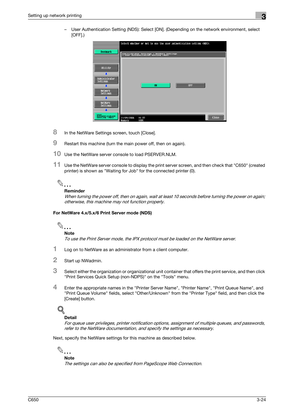 For netware 4.x/5.x/6 print server mode (nds), For netware 4.x/5.x/6 print server mode (nds) -24 | Konica Minolta bizhub C650 User Manual | Page 71 / 303