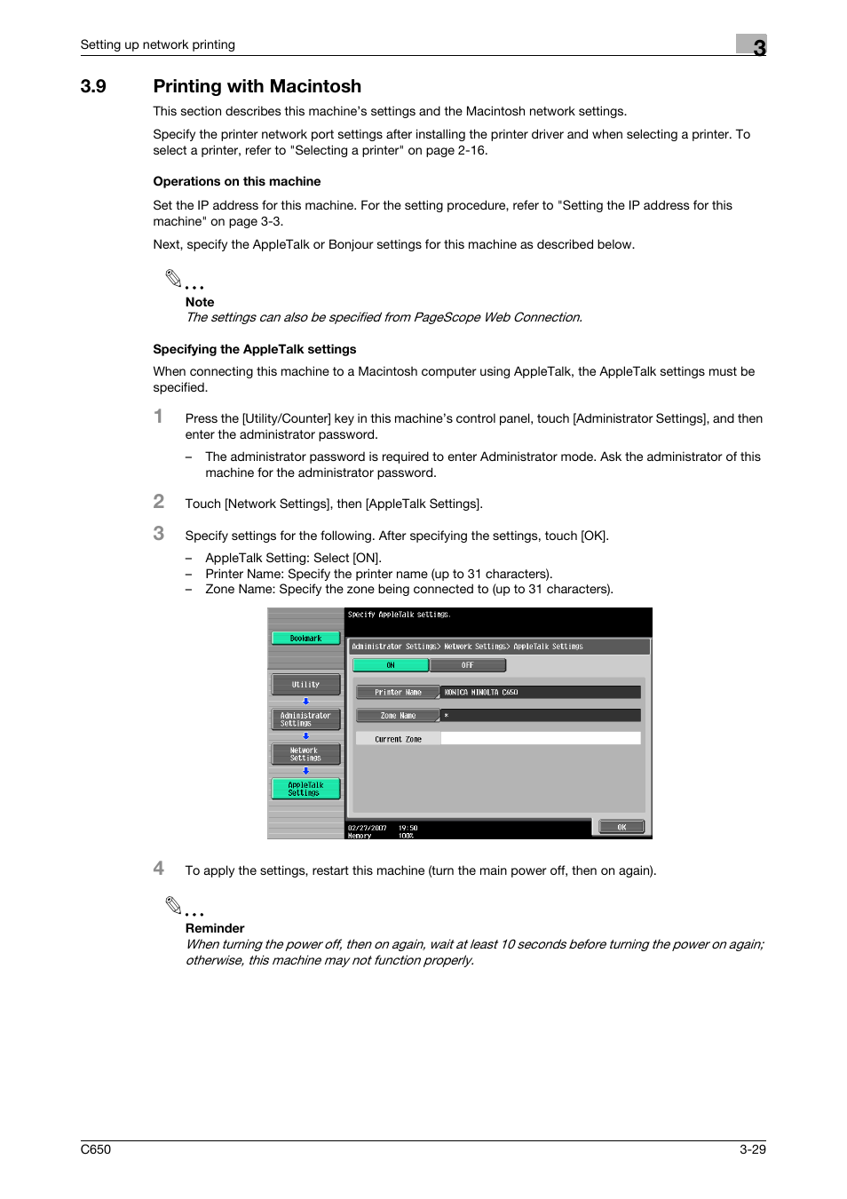 9 printing with macintosh, Operations on this machine, Specifying the appletalk settings | Konica Minolta bizhub C650 User Manual | Page 76 / 303