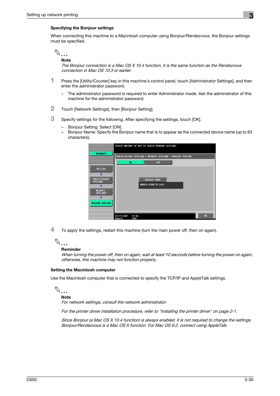 Specifying the bonjour settings, Setting the macintosh computer | Konica Minolta bizhub C650 User Manual | Page 77 / 303