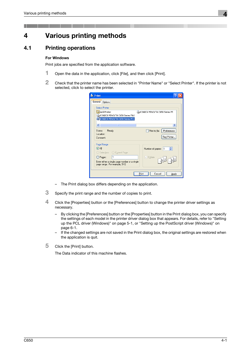 4 various printing methods, 1 printing operations, For windows | Various printing methods, Printing operations -1 for windows -1, 4various printing methods | Konica Minolta bizhub C650 User Manual | Page 79 / 303