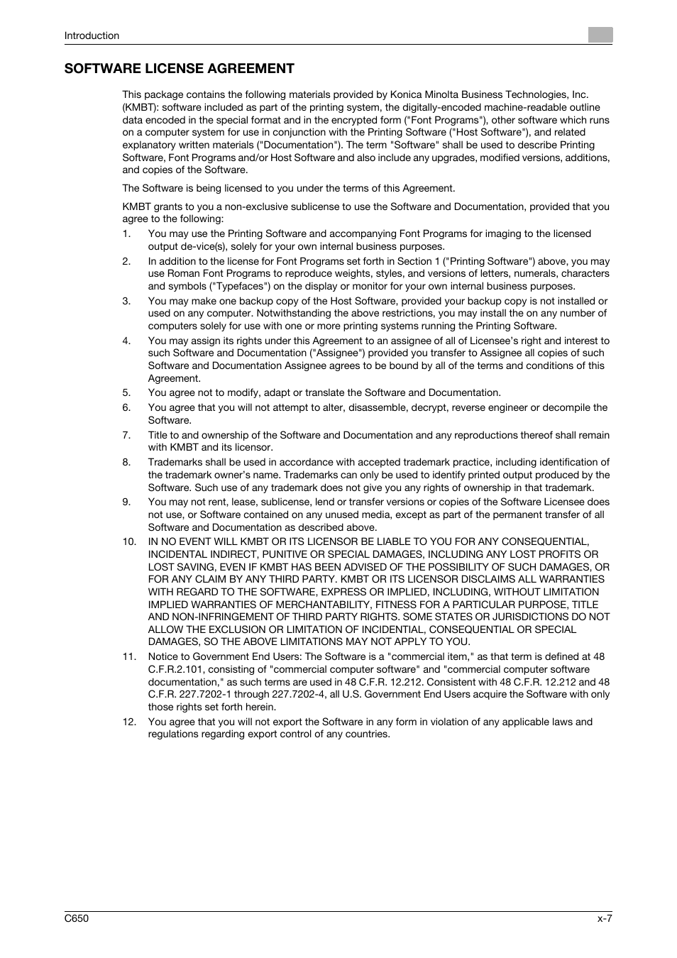 Software license agreement | Konica Minolta bizhub C650 User Manual | Page 8 / 303