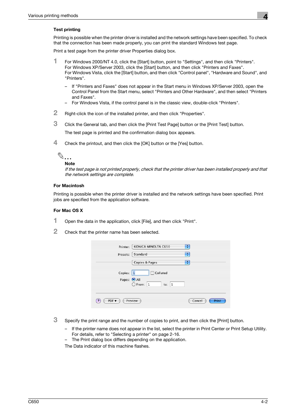 Test printing, For macintosh, For mac os x | Test printing -2 for macintosh -2 for mac os x -2 | Konica Minolta bizhub C650 User Manual | Page 80 / 303