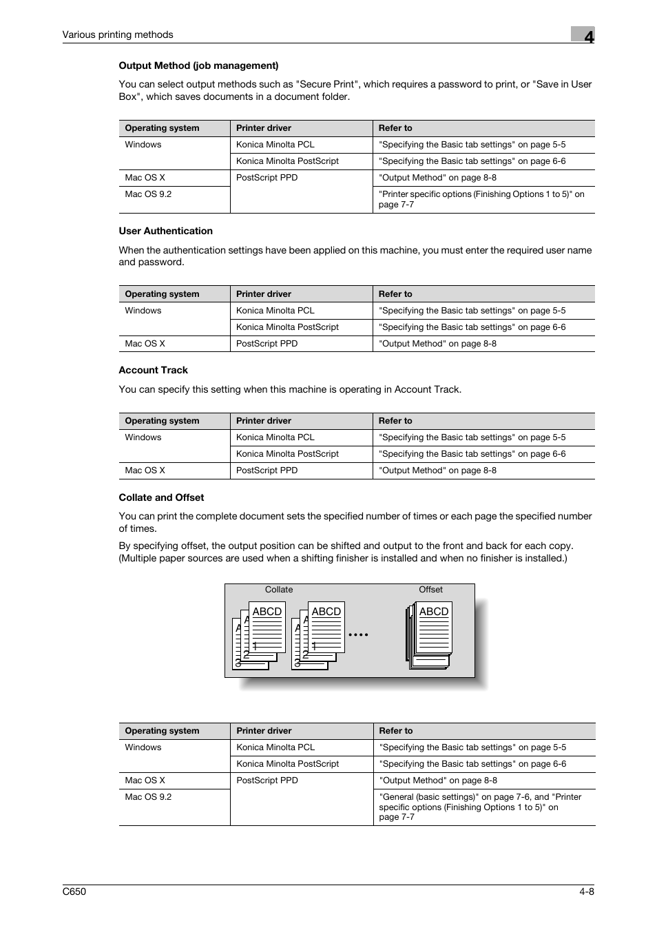 Output method (job management), User authentication, Account track | Collate and offset, Collate and offset -8 | Konica Minolta bizhub C650 User Manual | Page 86 / 303