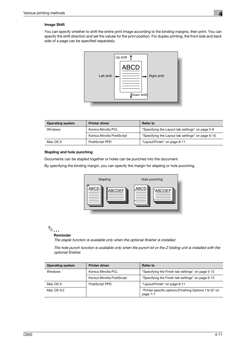 Image shift, Stapling and hole punching, Image shift -11 stapling and hole punching -11 | Abcd | Konica Minolta bizhub C650 User Manual | Page 89 / 303