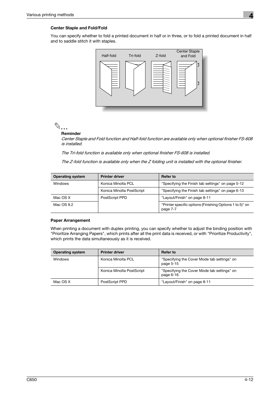 Center staple and fold/fold, Paper arrangement | Konica Minolta bizhub C650 User Manual | Page 90 / 303