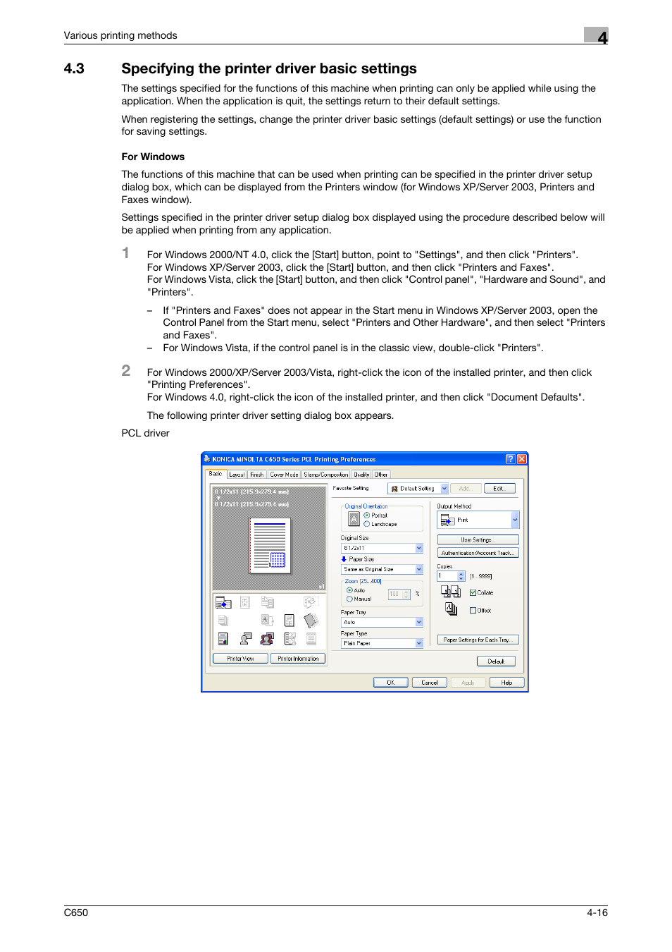 3 specifying the printer driver basic settings, For windows | Konica Minolta bizhub C650 User Manual | Page 94 / 303