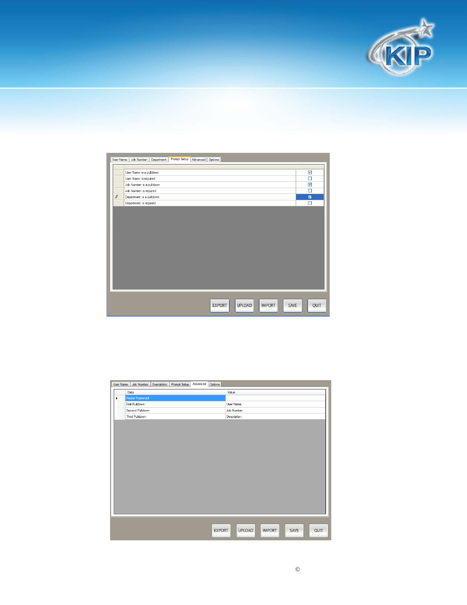 Prompt setup, Advanced features advanced tab, Kip track system | Konica Minolta KIP 7700 User Manual | Page 13 / 34