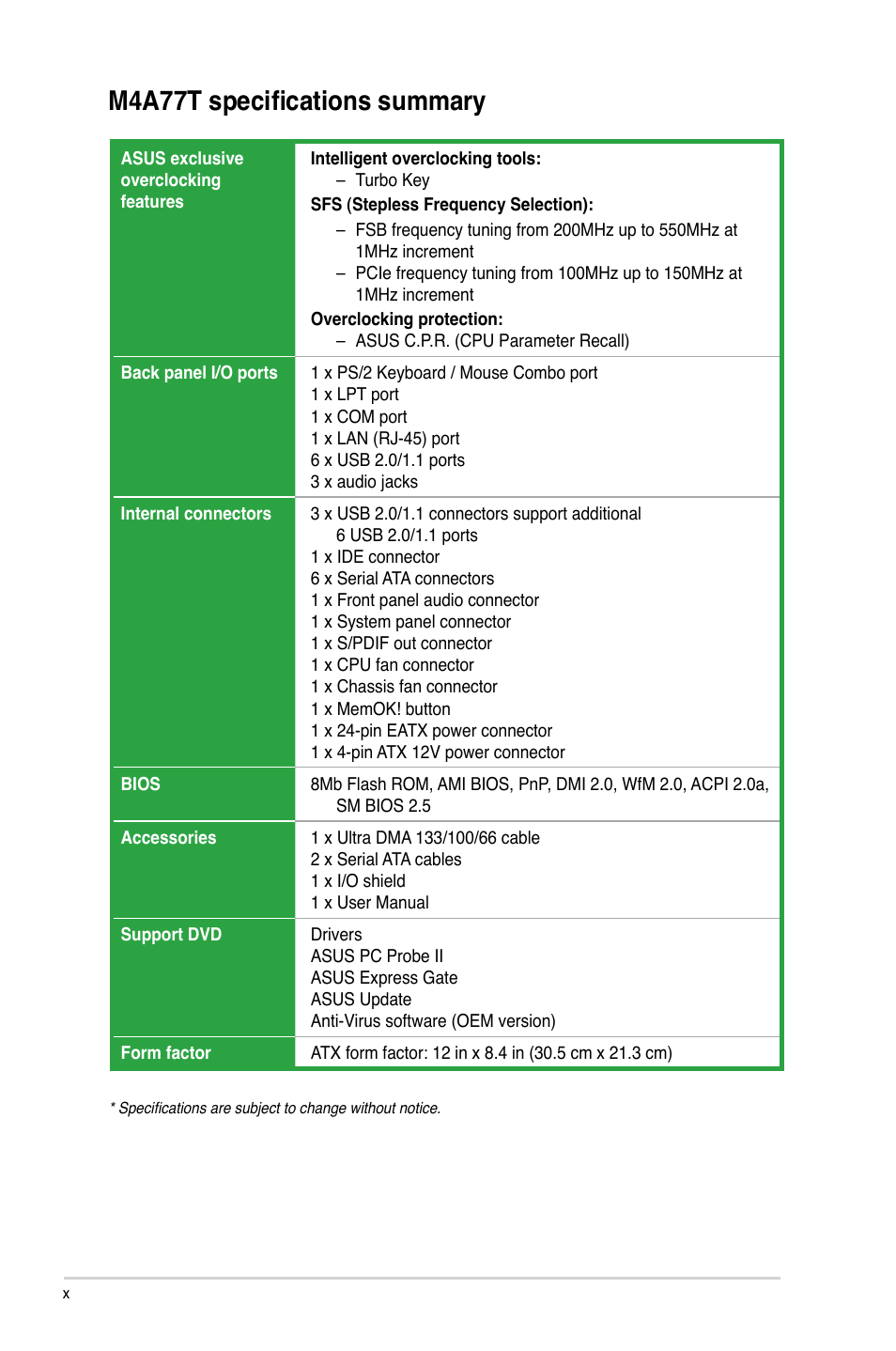 M4a77t specifications summary | Asus M4A77T User Manual | Page 10 / 60