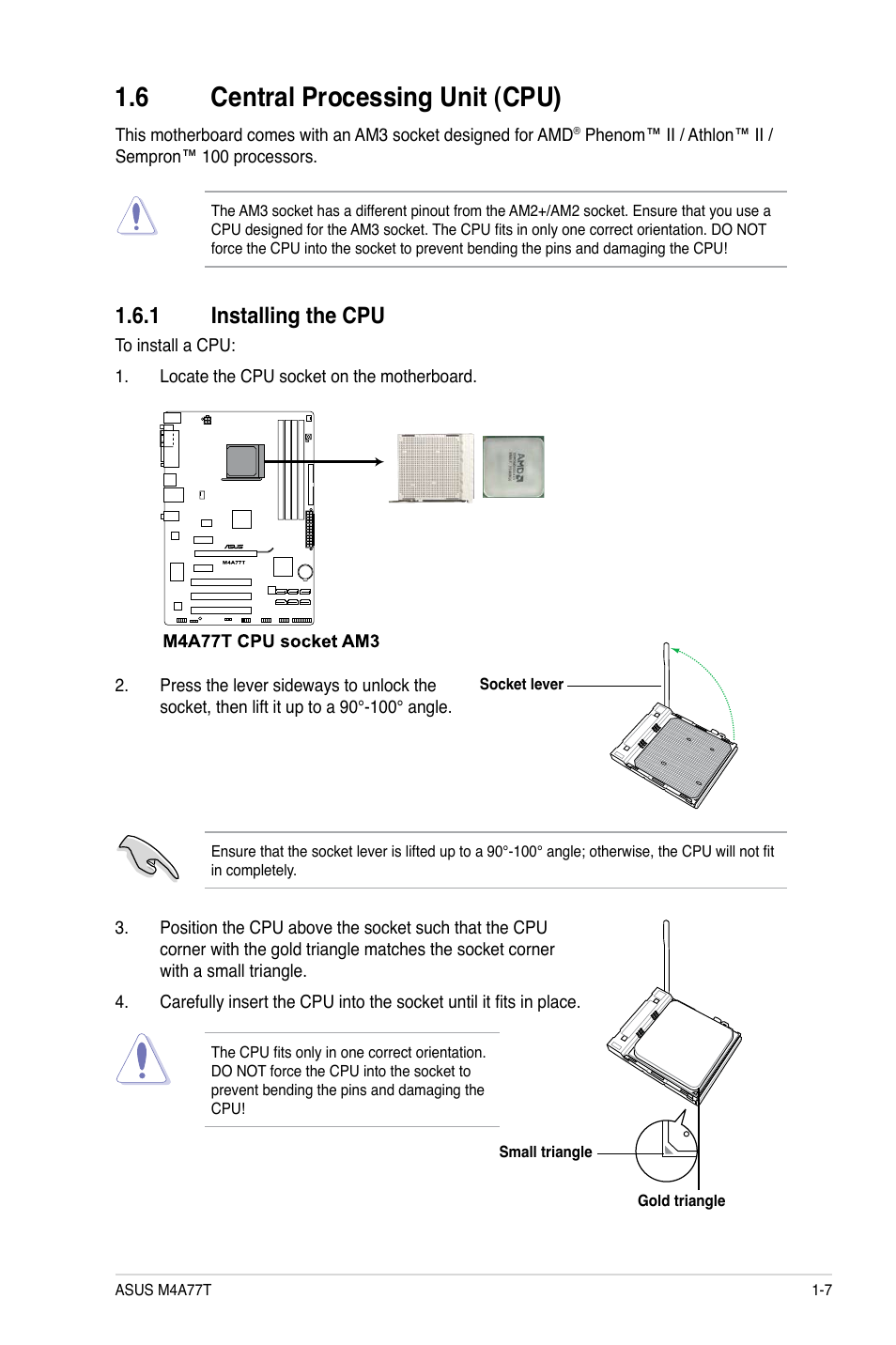 6 central processing unit (cpu), 1 installing the cpu, Central processing unit (cpu) -7 1.6.1 | Installing the cpu -7 | Asus M4A77T User Manual | Page 17 / 60