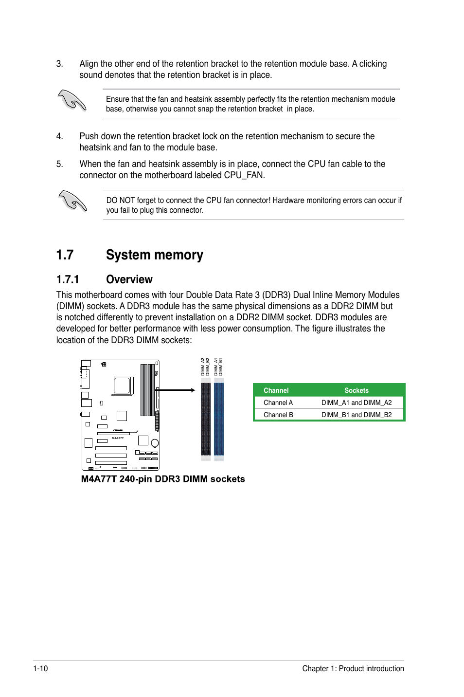 7 system memory, 1 overview, System memory -10 1.7.1 | Overview -10 | Asus M4A77T User Manual | Page 20 / 60