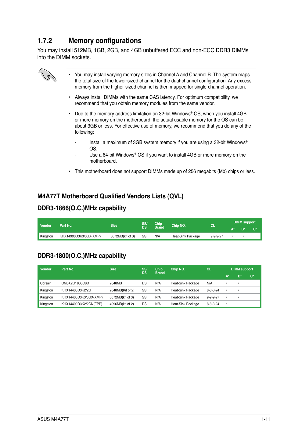 2 memory configurations, Memory configurations -11 | Asus M4A77T User Manual | Page 21 / 60