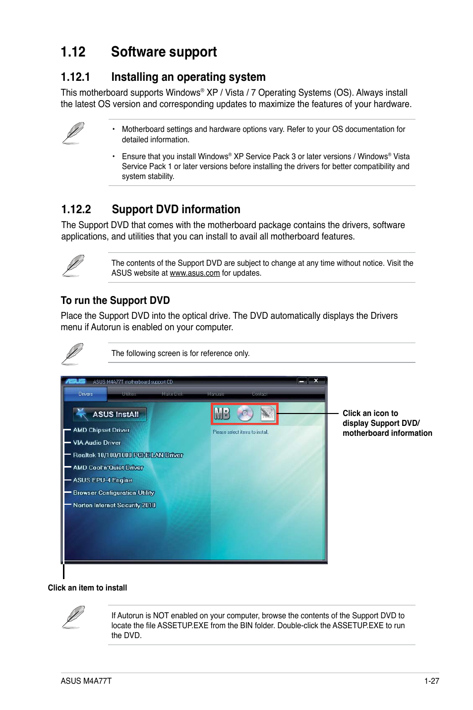 12 software support, 1 installing an operating system, 2 support dvd information | 12 software support -27 | Asus M4A77T User Manual | Page 37 / 60