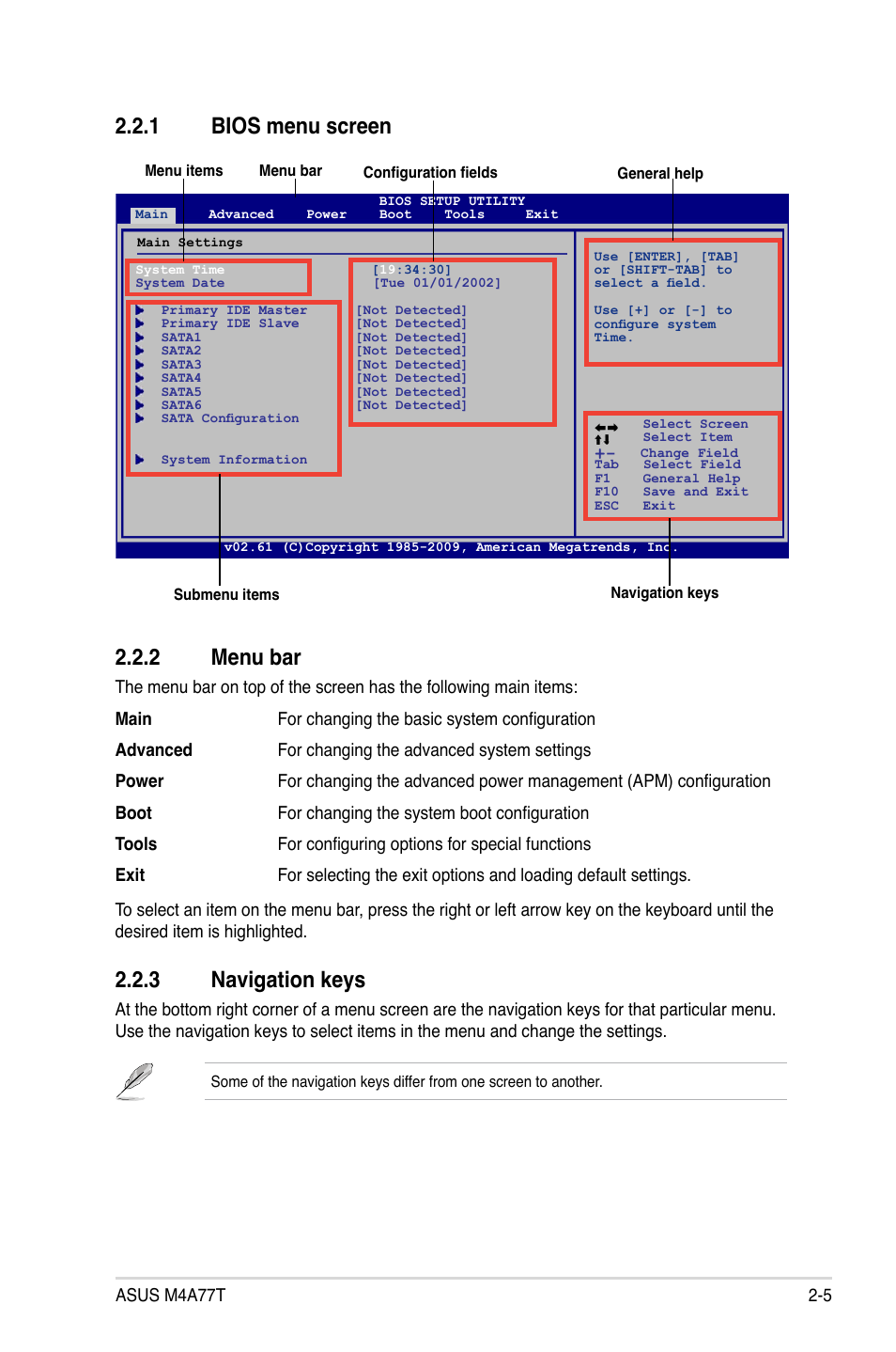 1 bios menu screen, 2 menu bar, 3 navigation keys | Bios menu screen -5, Menu bar -5, Navigation keys -5, 1 bios menu screen 2.2.2 menu bar | Asus M4A77T User Manual | Page 43 / 60