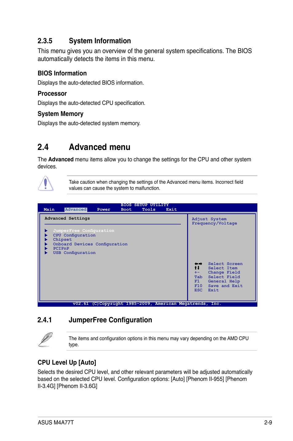5 system information, 4 advanced menu, 1 jumperfree configuration | System information -9, Advanced menu -9 2.4.1, Jumperfree configuration -9, Cpu level up [auto, Processor | Asus M4A77T User Manual | Page 47 / 60