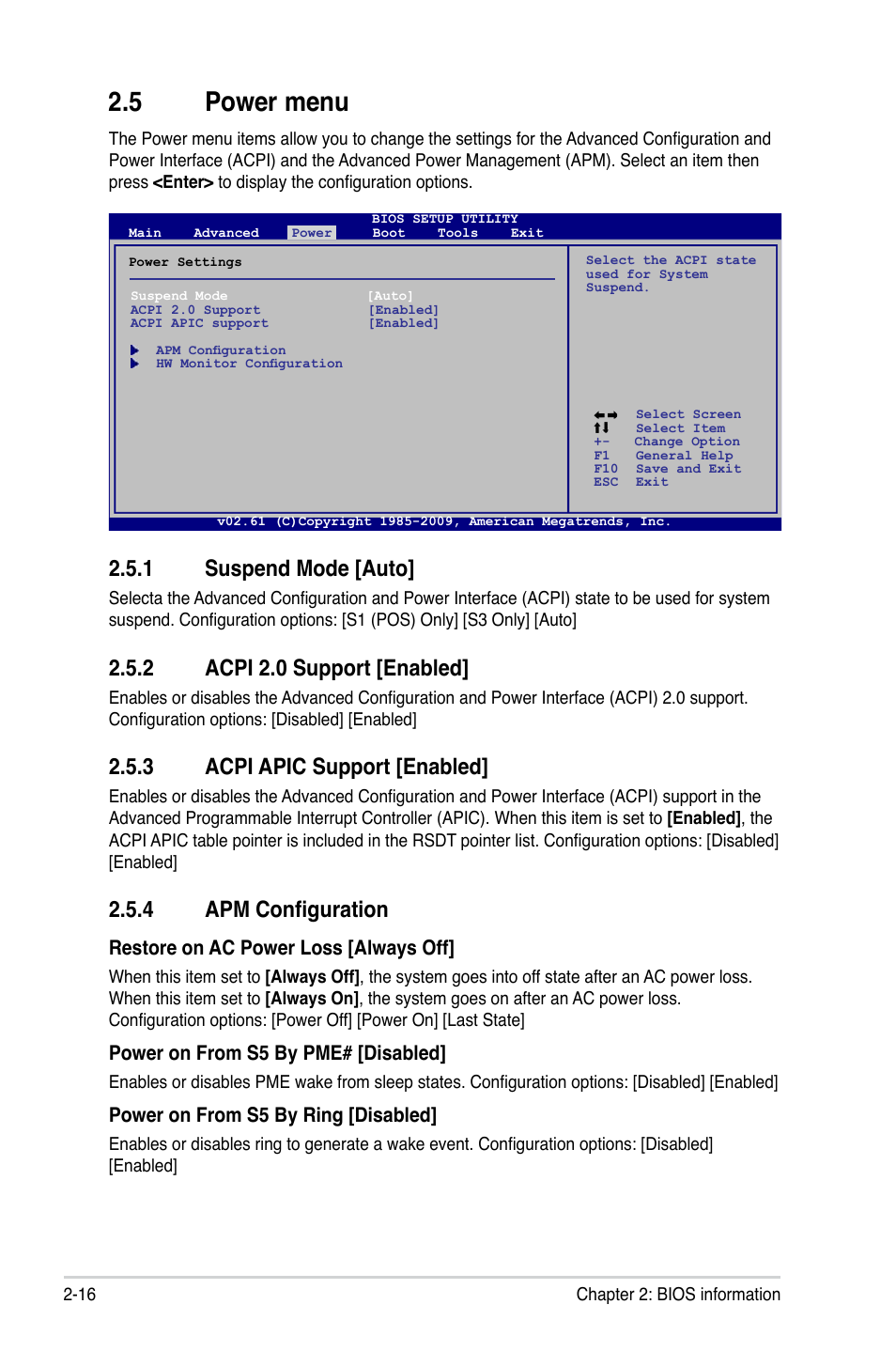 5 power menu, 1 suspend mode, 2 acpi 2.0 support | 3 acpi apic support, 4 apm configuration, Power menu -16 2.5.1, Suspend mode -16, Acpi 2.0 support -16, Acpi apic support -16, Apm configuration -16 | Asus M4A77T User Manual | Page 54 / 60