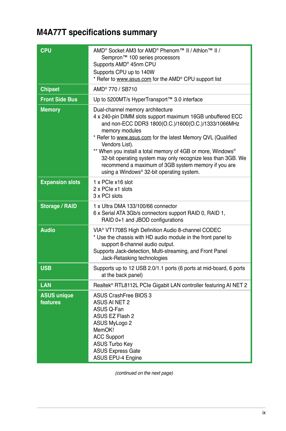 M4a77t specifications summary | Asus M4A77T User Manual | Page 9 / 60