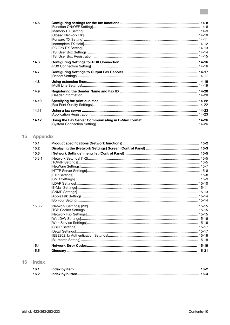 15 appendix, 16 index | Konica Minolta BIZHUB 223 User Manual | Page 11 / 371