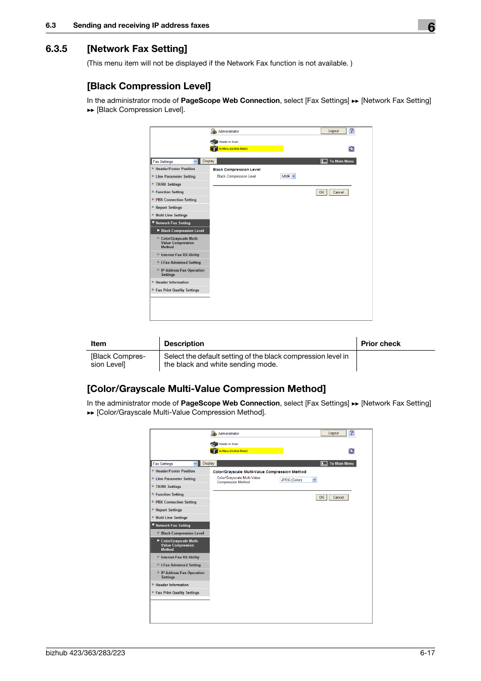 5 [network fax setting, Black compression level, Color/grayscale multi-value compression method | Network fax setting | Konica Minolta BIZHUB 223 User Manual | Page 110 / 371