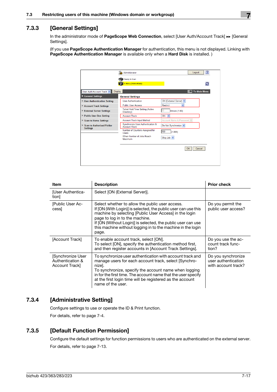 3 [general settings, 4 [administrative setting, 5 [default function permission | General settings] -17, Administrative setting] -17, Default function permission] -17, General settings, Administrative setting, Default function permis, Sion | Konica Minolta BIZHUB 223 User Manual | Page 128 / 371