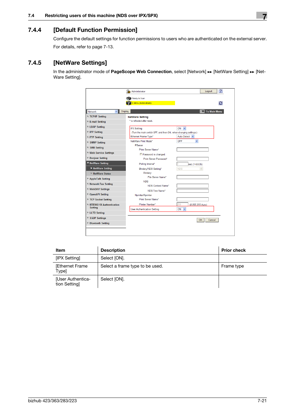 4 [default function permission, 5 [netware settings, Default function permission] -21 | Netware settings] -21, Default function permis, Sion, Netware settings | Konica Minolta BIZHUB 223 User Manual | Page 132 / 371