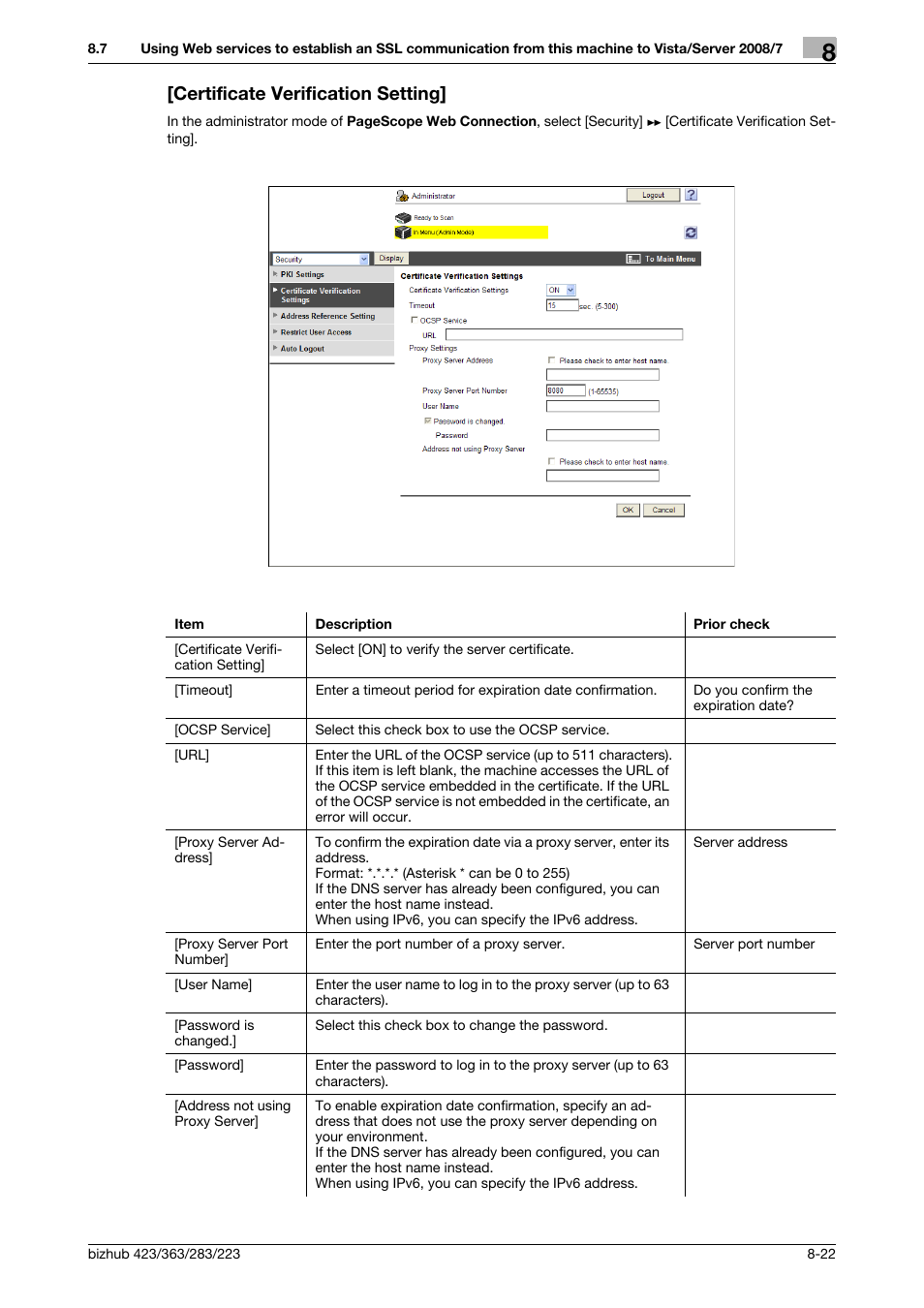 Certificate verification setting, Certificate verification setting] -22 | Konica Minolta BIZHUB 223 User Manual | Page 162 / 371