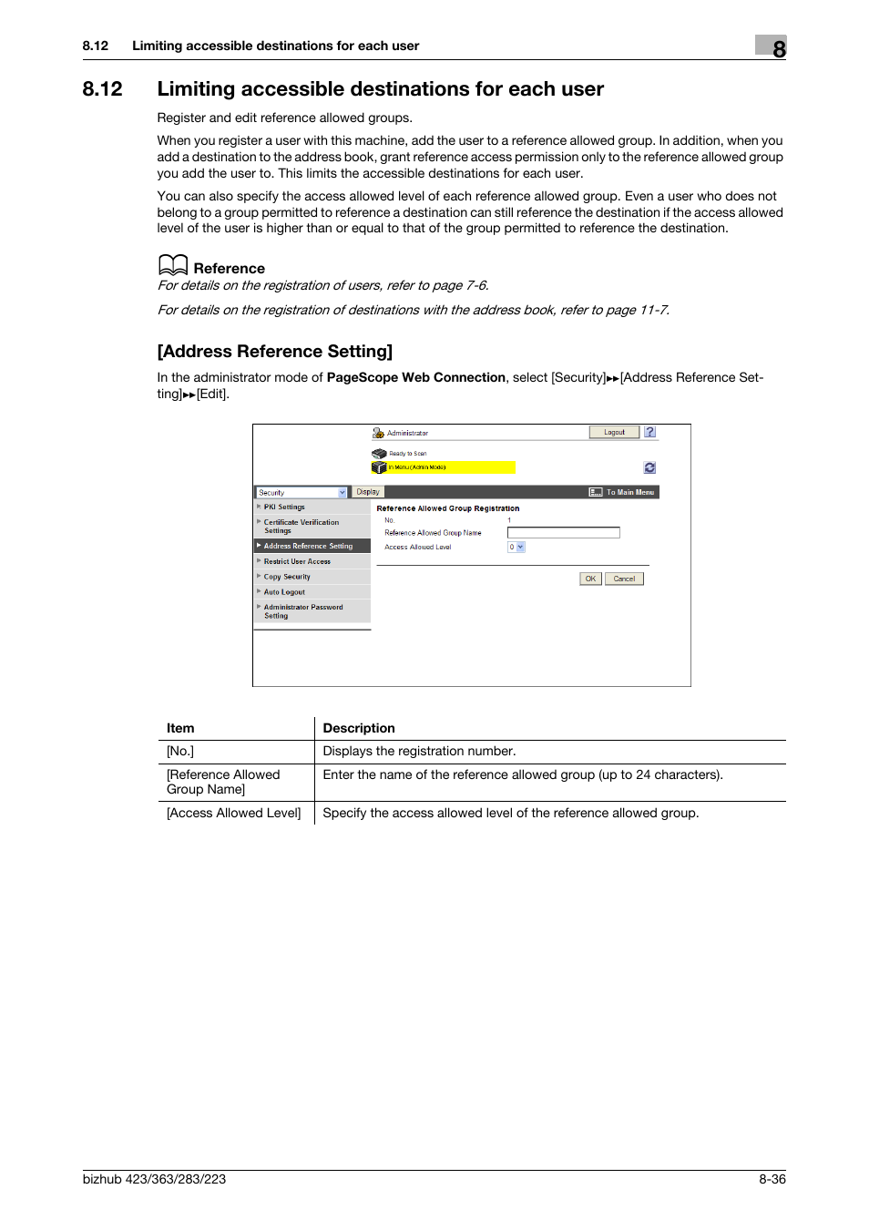 12 limiting accessible destinations for each user, Address reference setting | Konica Minolta BIZHUB 223 User Manual | Page 176 / 371