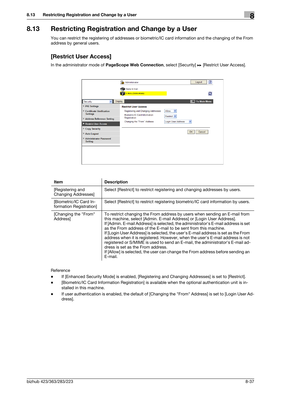 13 restricting registration and change by a user, Restrict user access | Konica Minolta BIZHUB 223 User Manual | Page 177 / 371