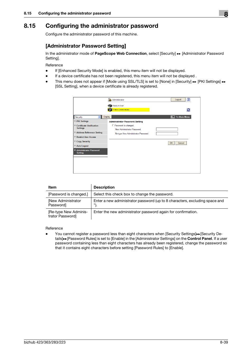 15 configuring the administrator password, Administrator password setting | Konica Minolta BIZHUB 223 User Manual | Page 179 / 371