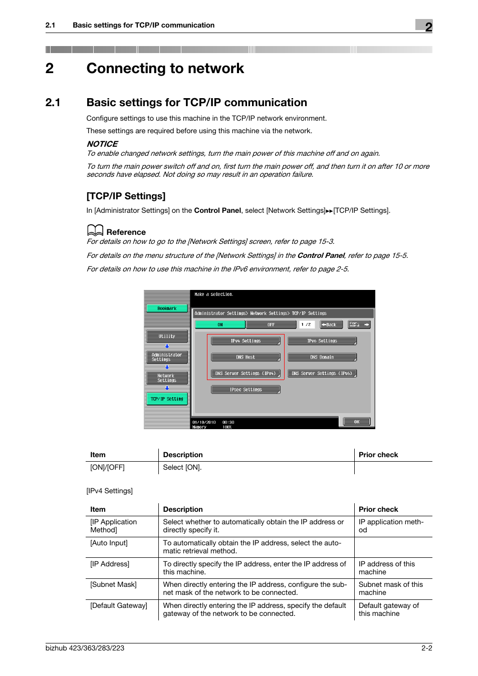 2 connecting to network, 1 basic settings for tcp/ip communication, Tcp/ip settings | Connecting to network, 2connecting to network | Konica Minolta BIZHUB 223 User Manual | Page 20 / 371