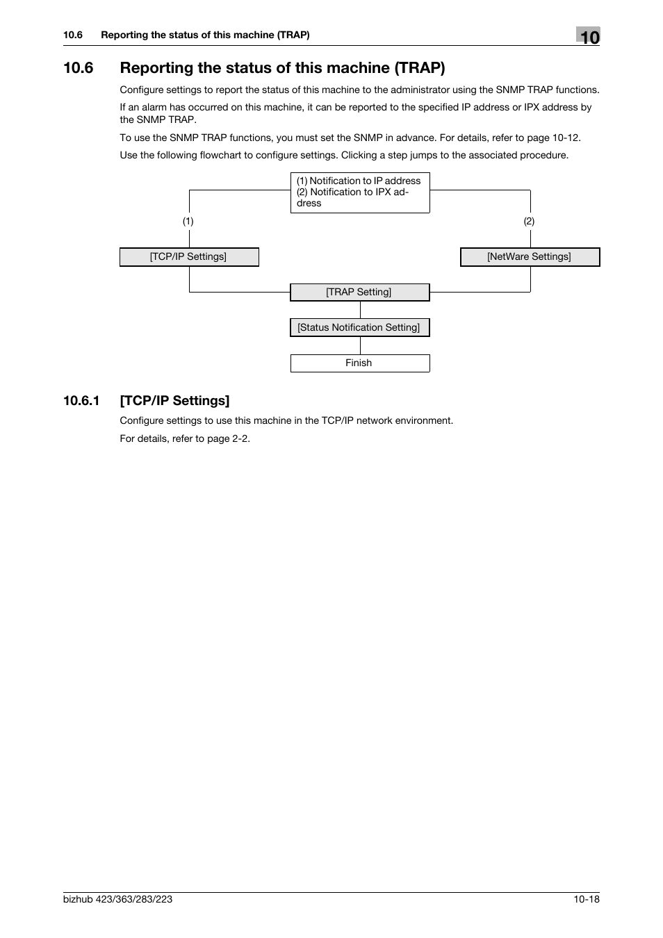 6 reporting the status of this machine (trap), 1 [tcp/ip settings, Reporting the status of this machine (trap) -18 | Tcp/ip settings] -18 | Konica Minolta BIZHUB 223 User Manual | Page 212 / 371