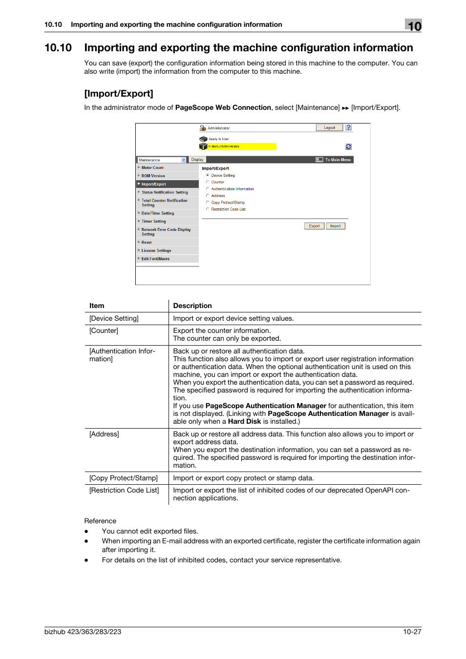 Import/export | Konica Minolta BIZHUB 223 User Manual | Page 221 / 371